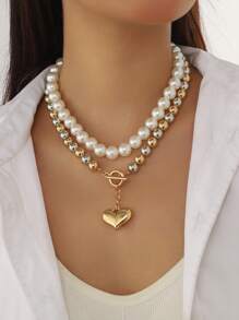 1pc Double Layer Beaded Asymmetrical Colorful Pendant Necklace, Elegant & High-End For Women