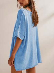 Women's Oversized T Shirt Loose Fit Crew Neck Short Sleeve Side Slit Summer Blouse Top - Màu xanh lam - Xem 3