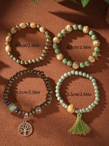 4pcs/Set Boho Multilayer Wooden & Glass Beaded Bracelets With Tassel, Life Tree & Butterfly Pendants, Suitable For Everyday Wear