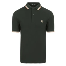 Fred Perry Men's Casual Business Contrast Striped Trim Outdoor Polo Shirt, Summer - Night green / warm grey / light rust - View 1