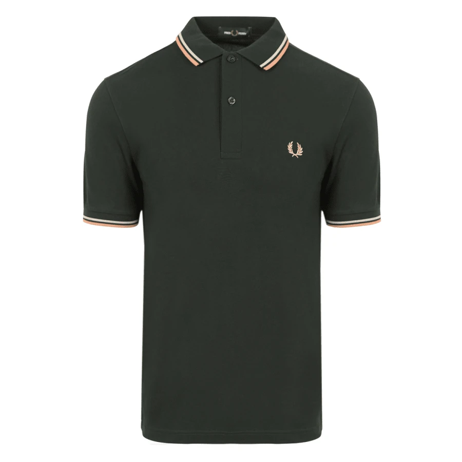 Fred Perry Men's Casual Business Contrast Striped Trim Outdoor Polo Shirt, Summer - Night green / warm grey / light rust - View 1