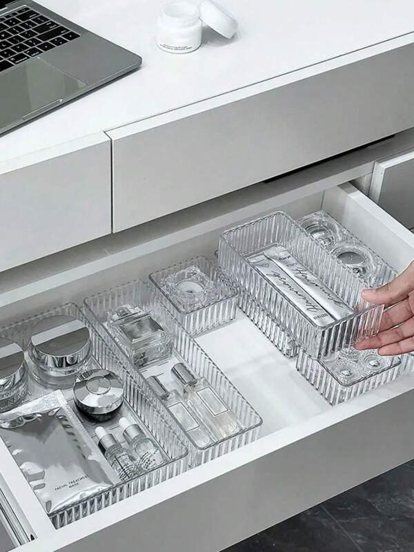 7pcs/1 Drawer/Desktop Makeup Storage Box, Small Items Organizer Box, Stackable Desktop Organizer, Vanity Tray Organizer, Multi-Compartment Organizer, Makeup Organizer, Elegant Storage Box, Office Desk Drawer Divider Organizer And Storage Box, Multi-Purpose Storage Box, Desk Pen Holder, Suitable For Makeup, Bathroom Accessories, Household Kitchen, Student Desk Gifts Women Girls