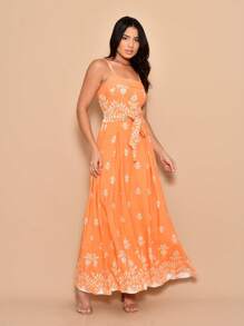 Long Dress With Printed Viscose Lastex Straps On The Back - 駝色 - 查看 2