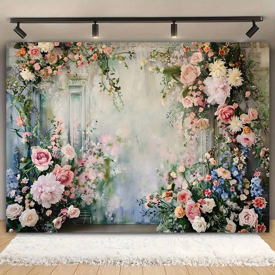 2D Floral Polyester Backdrop Banner, Multipurpose Photo Background With Spring Flowers, Suitable For Wedding, Birthday, Anniversary, Christening, Graduation