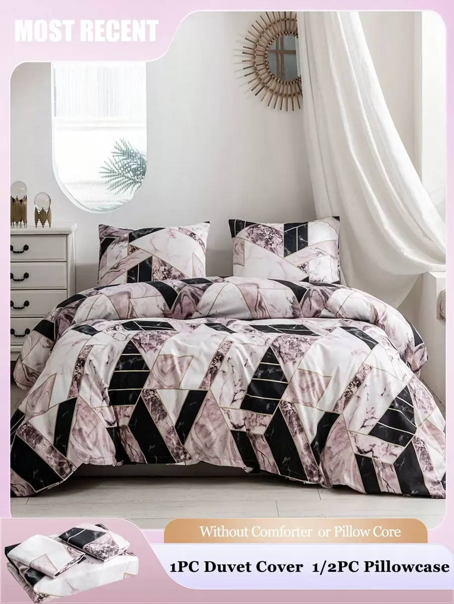 2/3pcs Soft 100% Polyester Fashion Geometric Marble Pattern Printed Bedding Set (1/2 Pillowcase + 1 Duvet Cover), Perfect Choice For Bedroom & Guest Room Decor, Without Filler - Multicolor - View 1