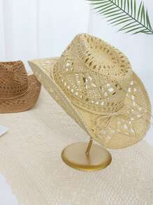 1pc Men's Summer New Hollow-Out Solid Color Straw Hat, Breathable Sun Hat, Outdoor Vacation Hat, Personalized Casual Style Woven Hat, Suitable For Spring & Summer Outdoor, Vacation, Travel