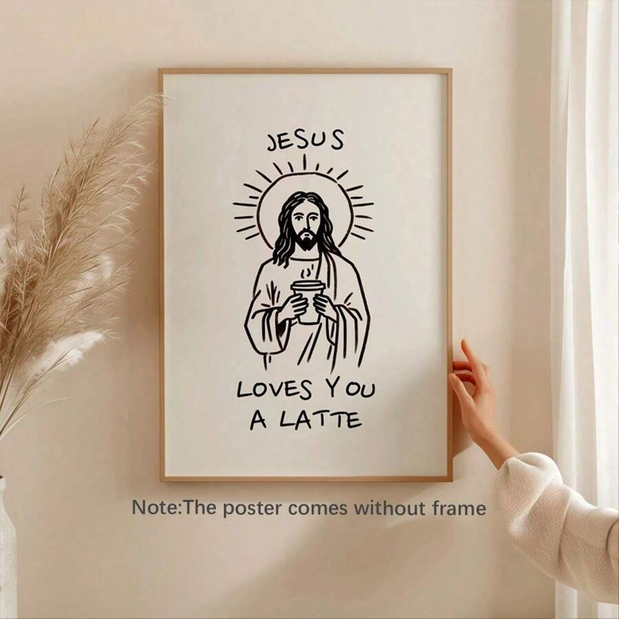 1 szt. Zabawny Jezus, Kocha Cię Latte, Chrześcijański humorystyczny obraz do kawy, Cytaty religijne, Dekoracja ścienna, Dekoracja kuchenna z Jezusem, Katolickie malowidła ścienne, Dekoracja wnętrz, Plakaty, Plakat na płótnie, Dekoracja do sypialni, salonu, korytarza - Wielokolorowe - Zobacz 1