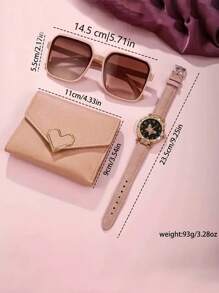 3Pcs Women's Quartz Watch Fashionable Casual Glasses And Minimalist Glasses Set, Suitable As A Gift For Festivals And Matching Daily Casual Wear - Pink - View 5