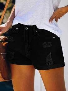 Vacation Casual Distressed Elastic Cuffed Denim Shorts - Black - View 4