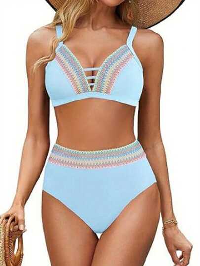 Women's Summer Bikini Set Retro Print V-Neck Bra With High Waist Shorts 2 Pcs Swimsuit