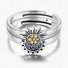 1 Pair Sun, Moon And Shiny Stars Design Copper Couple Rings With Colorful Zirconia Inlay
