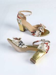 Sandalias con tacón ancho, puntera redonda y decoración de lazo estampada para mujer, zapatos de tacón alto de fiesta y moda para el verano