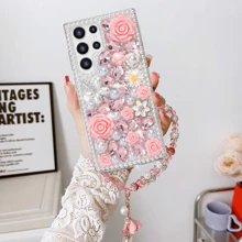 Étui scintillant et brillant pour Galaxy S25 Série/S24 Série/S23 Série/S22 Série, étui de luxe féminin et mignon avec fleurs en cristal 3D, strass et perles. Inclut une bandoulière poignet. Cadeau idéal pour les femmes, l'anniversaire, la mère, la famille, les amis, le petit ami, la petite amie