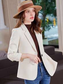 女士绿色后开衩西装外套，优雅女神风，2025 年春秋新品 - 淺杏色 - 查看 5