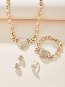 5pcs/Set Luxury Women Jewelry Set Gold Color Bride Lover Heart Rhinestone Wedding Necklace Earrings Bracelet Ring Set Gift Jewelry For Women Accessories - 套裝 - 查看 4