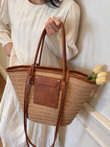 时尚大容量编织手提包，新款海滩度假单肩腋下草编大包 - 卡其色 - 查看 7