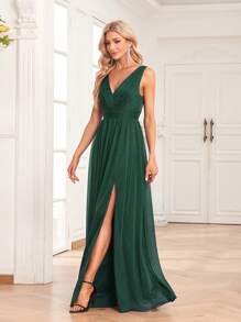 Plunge Neck Split Thigh Glitter Bridesmaid Dress - Dark Green - View 5