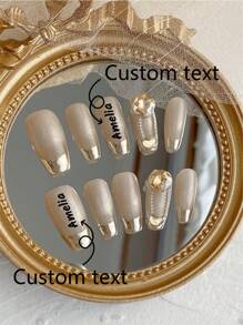 10 Pieces Of Custom Press-On Long Nails, Four Seasons Nail Art, Wedding Season Nail Art New Fashion DIY Cat Eye Nails, Gold French Edge Pattern Design, Gold Crystal Nail Accessories, Gold Nails Detachable Reusable Nail Supplies, Nail Powder, Nail Glitter Suitable For Girls, Ladies To Use On Stage, Dance Party, Party, Wedding, Holiday Scenes,Customized Nails; Custom Text; Custom Images.