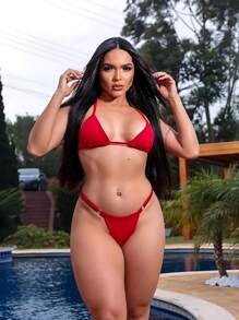 Sexy Tanning Ribbon Bikini Set With Adjustable Thin Strap And Suplex Thong Summer Fashion 2025 - Red - View 2