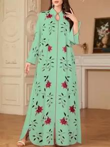 女款花卉印花V領長版阿巴雅洋裝，不對稱印花，適合春季度假與秋季 - 綠色 - 查看 1