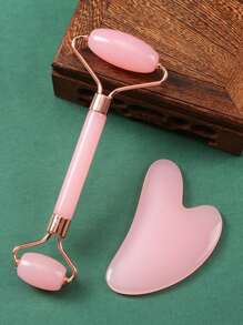 1Set Rose Quartz Double Head Roller Massager Heart Shaped Face Eye Massage Scraping Gua Combination Set