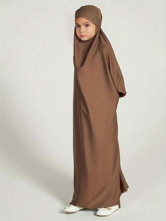Muslim Tween Girl Girls Abaya Solid Long Kaftan Abaya Enfant Robe Dress Tween Girl Clothes For Gift(Non-Removable Turban)