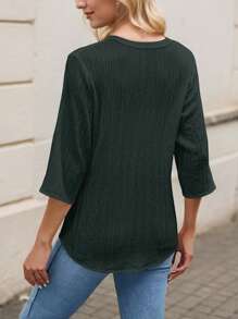 tooluck Women's V-Neck Button-Down Shirt Lace Formal Casual Top 3/4 Sleeves - 墨綠色 - 查看 4