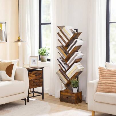 HOOBRO Estantería con cajón, estantería de pie con 9 niveles, estantería en forma de árbol, estantería para DVD, estantería independiente para libros, para sala de estar, dormitorio, oficina en casa, marrón vintage