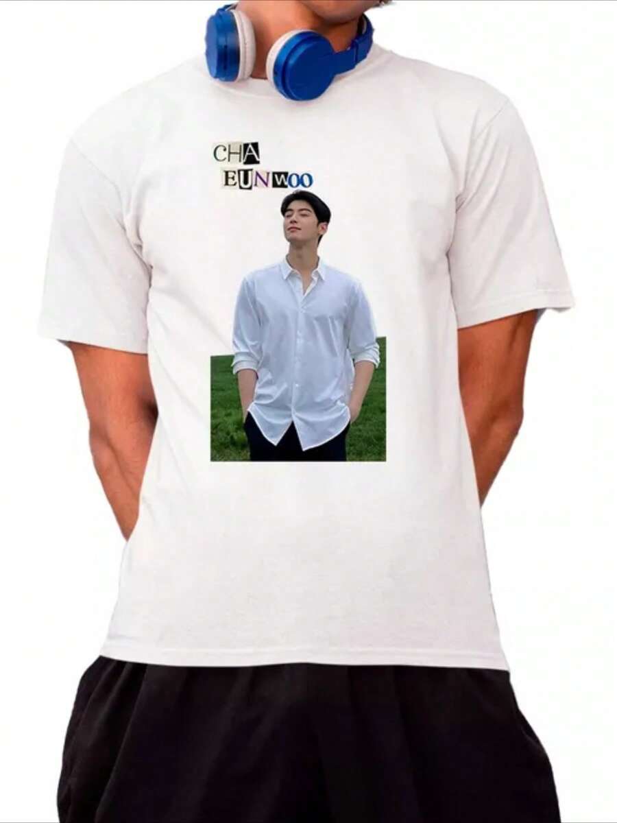 Camiseta para hombre 1Pcs 220g 100% algodón estampado digital con estilo cultural del K - pop y elegancia de CHA EUNWOO - Blanco - Ver 1