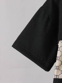 Young Boy Summer Colorblock Pocket Round Neck Short Sleeve T-Shirt And Drawstring Shorts Casual Sports Suit - Black - View 3