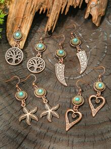 TopHanqi 10pcs/Set Retro Coffee Color Earrings For Women, Bohemian Vintage-Inspired Hollow Out Earrings Featuring Geometric, Sea Star, Animal Designs, Metal Texture, Versatile Daily/Party/Gift Accessory, All-Seasons - Dark Brown - View 8