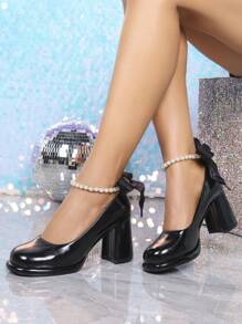 Women's Black Pointed Toe Pearl Decor Chunky Heel Pumps, Comfortable, Minimalist, Casual, Formal, Versatile High Heels
