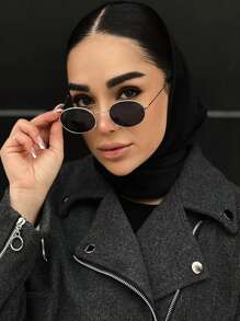 一副椭圆形小框金属时尚眼镜，复古风格，男女通用，适合日常佩戴、街头摄影、度假、海滩等场合。 - 黑色 - 查看 2