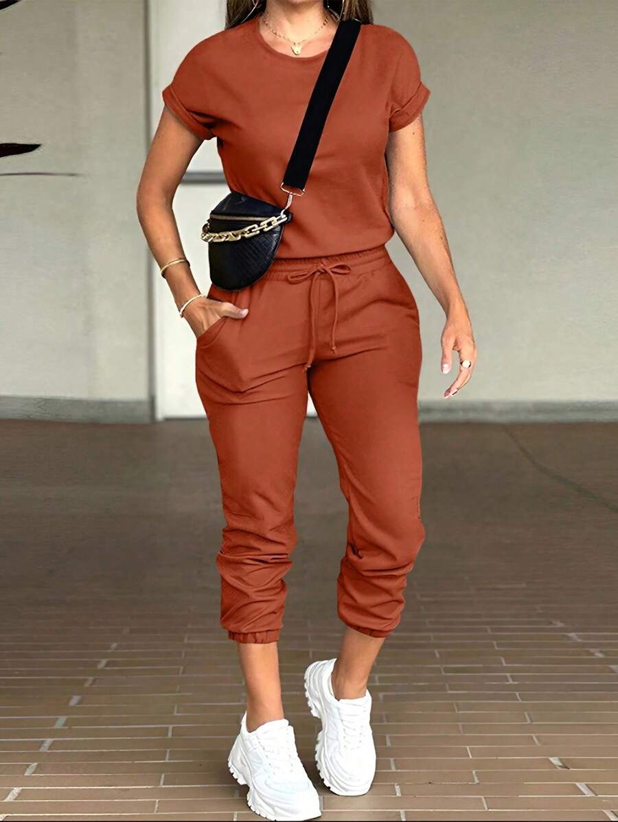 Spring And Summer Casual Solid Color Short-Sleeved Top And Pants Curve Plus Two Piece Sets - 摩卡棕 - 查看 1