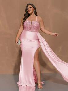 CHOSMO 加大码后背拉链露背吊带亮片拼接长款高腰侧开衩缎带修身优雅晚礼服女式舞会礼服、正式礼服、派对礼服、长袍，适合婚礼宾客 - 粉色 - 查看 3