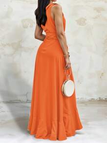 Women's Elegant Off Shoulder Deep V Neck Ruffle Leg Slit Maxi Dress - Orange - View 4