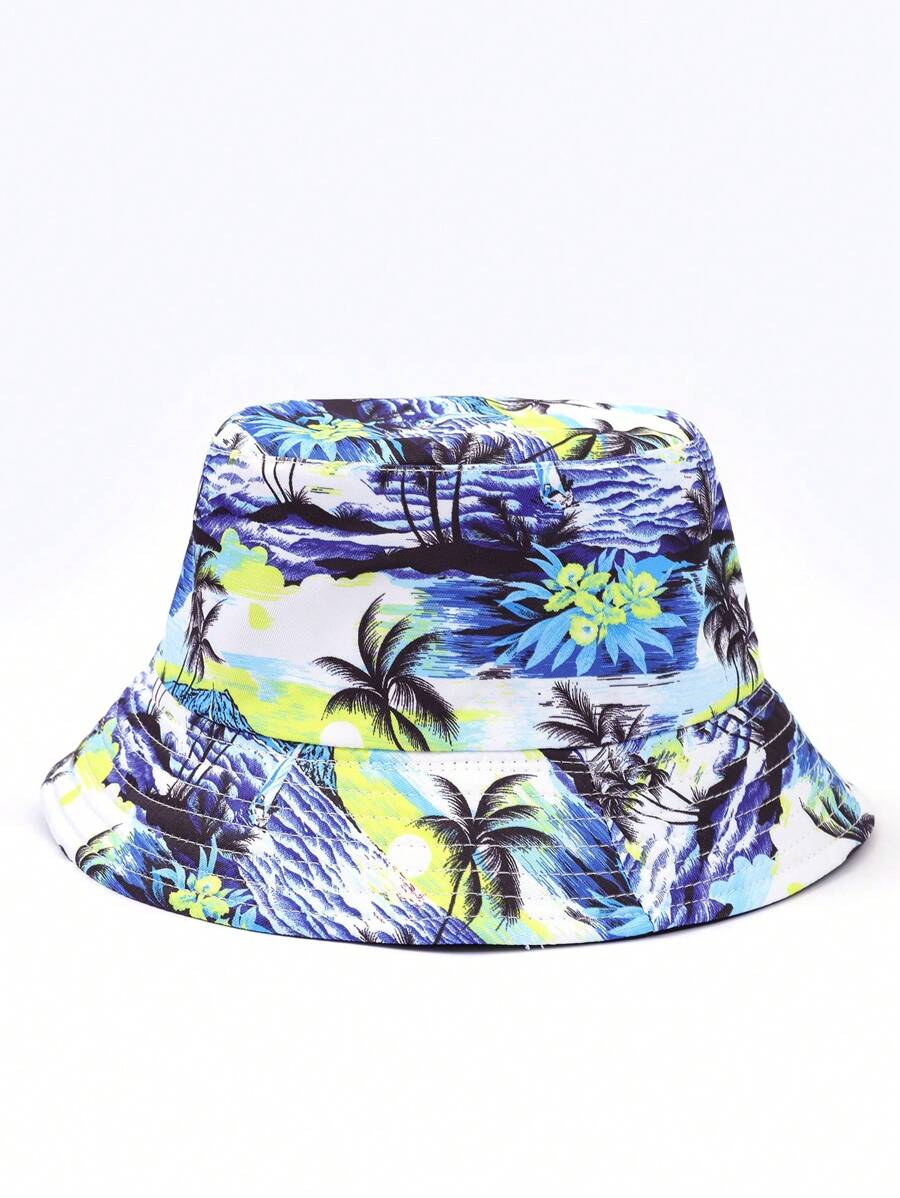 1pc Unisex Fashionable Tropical Palm Tree Printed Bucket Hat, Lightweight Breathable Reversible Sun Hat For Outdoor Beach Vacation (Suitable For Beach Use) - Multicolor - View 1