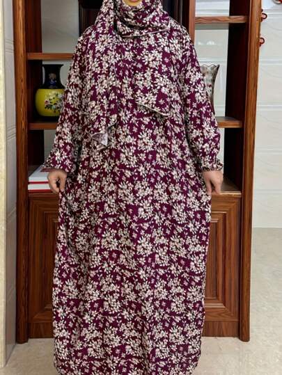 Plus Size Elegant Printed Long Dress, Traditional Arab Women's Abaya, Women's Dress,Modest