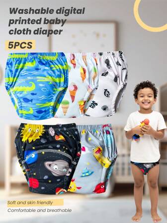5pcs/Pack Baby Washable Digital Printed Potty Training Pants, Boys & Girls Toddler Reusable Toilet Learning Underwear