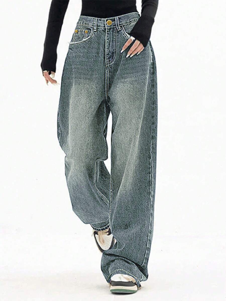 Women's Casual Washed Wide Leg Jeans - 黃色 - 查看 1