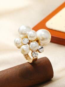 1pc Fashionable Exaggerated Adjustable Floral Shaped Pearl And Diamond Ring
