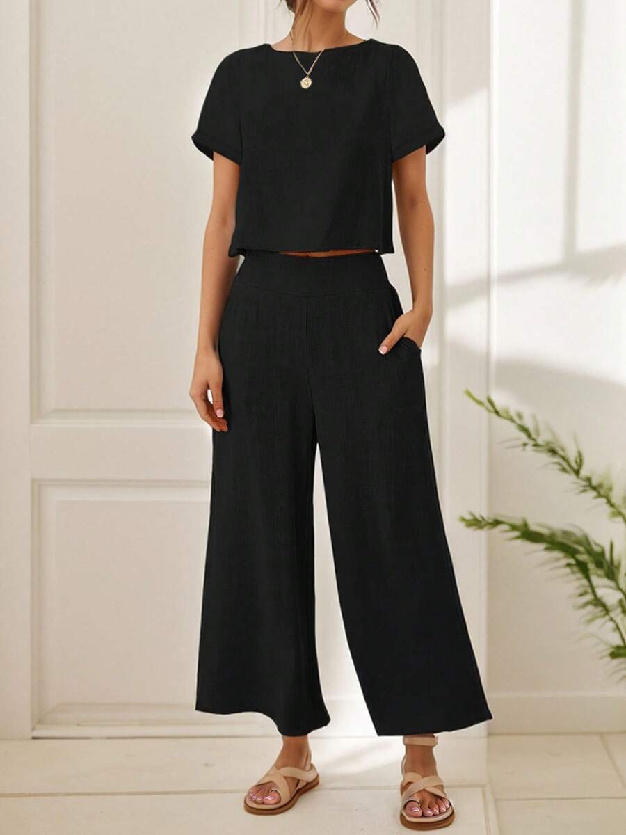 Suits For Women Dressy,Sweat Suits For Womens 2 Piece,Women's Short-Sleeved Blouse High-Waisted Pants Casual Suit - Black - View 1