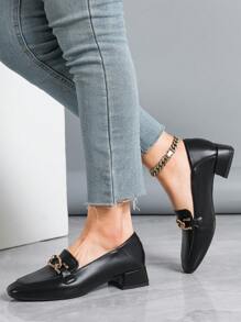 Women's Black Chunky Heel Casual Versatile Work Shoes, Fashion Square Toe Loafers For Spring, Autumn, Winter