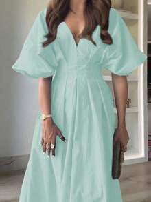 Spring And Summer Women's Casual And Fashionable Solid Color V-Neck Back Hollow Air-Quality Waist-Cinching Pleated Bat-Sleeve Elegant Long Large A-Hem Dress - Mint Green - View 3