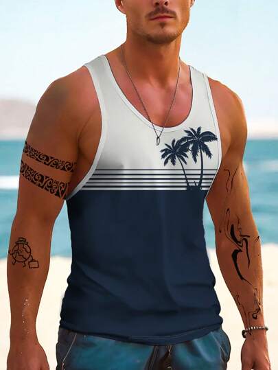 Men's Hawaiian Style Tropical Beach Coconut Tree 3D Digital Print Sleeveless Tank Top Fitness Vacation Tank Top