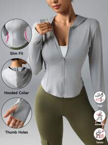 女士合身连帽运动夹克，弹性拇指孔拉链瑜伽健身外套 - 灰色 - 查看 1