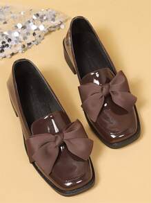 女士方头休闲乐福鞋、蝴蝶结装饰、低跟一脚蹬鞋、镜面材质、平底鞋、玛丽珍鞋、粗跟小皮鞋、办公鞋、棕色中跟鞋、复古学院风平底鞋、简约平底鞋、女士正装鞋、春/秋平底鞋、女士一脚蹬鞋、棕色鞋子 - 棕色 - 查看 8