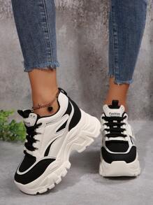 秋冬新款网眼休闲女式运动鞋，透气时尚百搭女士厚底坡跟运动鞋 - 黑色 - 查看 4