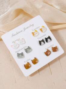 12 件套树脂猫耳钉耳环，可爱浅色耳环套装 - 彩色 - 查看 3
