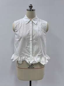 Stylish French Shirt Vest, Casual Cotton Short Sleeveless Collared Ruffle Hem White Top, Essential For Summer Outings - White - View 5